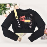Autumn And Winter Hoodies Women's Round Neck Crop Printed Long Sleeve T-Shirt Top