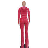 Women's Solid Velvet Casual Zipper Hoodies Wide Leg Pants Two Piece Set