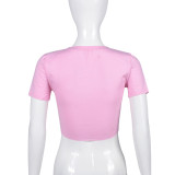 Women's Summer Sexy Print Hollow Short Sleeve Lace-Up T-Shirt Top