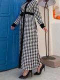 Muslim Houndstooth Long Sleeve Jacket Fashion Dress Two Piece Set