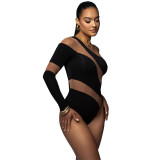 Sexy Slash Shoulder One Sleeve Tight Fitting Mesh Patchwork Fashion Striped Hollow One Shoulder Women's Bodysuit