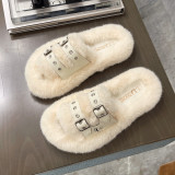 Women's Autumn And Winter Furry Slippers Outdoor Wear Retro Soft Sole Belt Buckle Slotted Furry Slippers