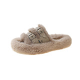 Women's Autumn And Winter Furry Slippers Outdoor Wear Retro Soft Sole Belt Buckle Slotted Furry Slippers