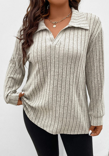 Autumn And Winter Solid Color Plus Size Women's Top V-Neck Turndown Collar Long-Sleeved Ribbed T-Shirt