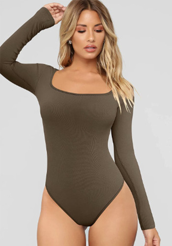 Sexy Slim Rib Tight Fitting Square Neck Long Sleeve Bodysuit For Women