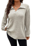 Autumn And Winter Solid Color Plus Size Women's Top V-Neck Turndown Collar Long-Sleeved Ribbed T-Shirt