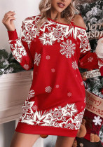 Christmas Snowflake Print Slash Shoulder Autumn And Winter Dress For Women