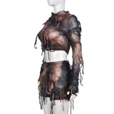 Fringed Ripped Long Sleeve Round Neck Top Sexy Shorts Set
