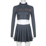 Embroidered Letter Half Turtleneck Crop Zipper Top + High Waist Pleated Skirt Casual Sports Two Piece Set For Women