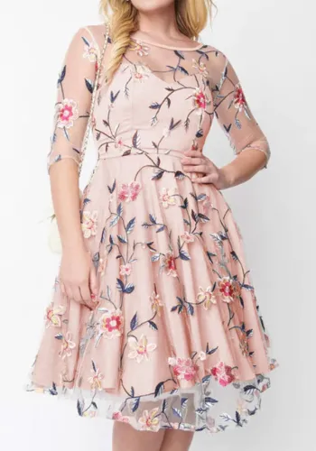 Chic Mesh Jacquard Embroidery Autumn And Winter Christmas A-Line Dress