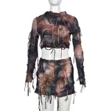 Fringed Ripped Long Sleeve Round Neck Top Sexy Shorts Set