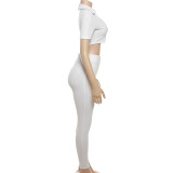 Autumn Women's Sexy Turndown Collar Slim Crop Top High Waist Casual Pants Two Piece Set