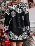 Christmas Snowflake Print Slash Shoulder Autumn And Winter Dress For Women