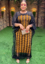 Mesh Pleated Patchwork Dress African Plus Size Women's Slip Dress Two Piece Set