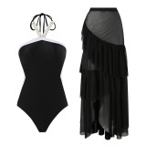 Two-Piece Swimsuit  Solid Color Transparent Mesh Skirt Halter Neck One Piece Swimwear