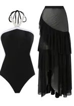 Two-Piece Swimsuit  Solid Color Transparent Mesh Skirt Halter Neck One Piece Swimwear