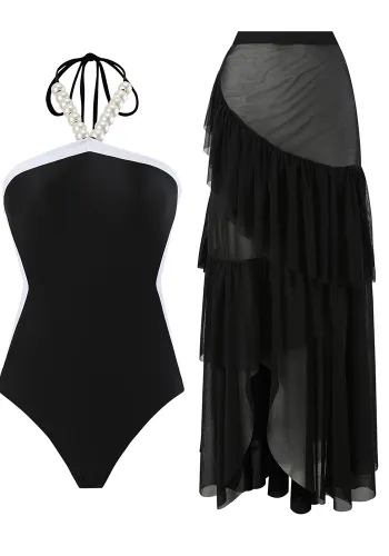 Two-Piece Swimsuit  Solid Color Transparent Mesh Skirt Halter Neck One Piece Swimwear