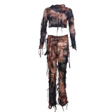 Street Tassel Ripped Long Sleeve Top Sexy Crop Pant Two Piece Set