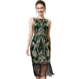 Retro  Bead Embroidered Sequins Deep V Low Back Evening Dress Sleeveless Tassel Party Dress