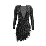 Women Sexy V-Neck Slit Beaded Feather See-Through Long Sleeve Dress
