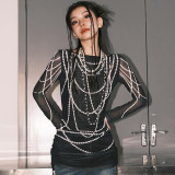 Women American Bead Chain Printed Drawstring Long Sleeve Top