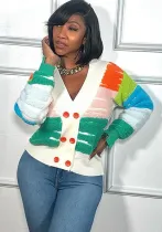 Women Winter Casual Contrast Color V-Neck Double-Breasted Cardigan Sweater Jacket