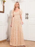 Women Elegant See-Through Short Sleeve V-Neck Mesh Evening Dress