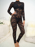 Women Summer Sexy Black Lace Jacquard Hollow See-Through Long Sleeve Jumpsuit