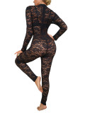 Women Summer Sexy Black Lace Jacquard Hollow See-Through Long Sleeve Jumpsuit
