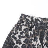 Autumn American Retro Leopard Print High Waisted Slim Fit Straight Jeans Ripped Denim Pants