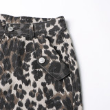 Autumn American Retro Leopard Print High Waisted Slim Fit Straight Jeans Ripped Denim Pants