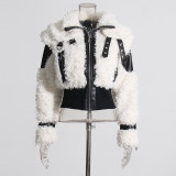 American Style Autumn Turndown Collar Multi-Wear Design Lamb Wool Pu Leather Patchwork Women's Jacket