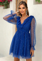 Women V-Neck Patchwork Mesh Formal Party Sequined Puff Sleeve Dress