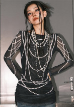 Women American Bead Chain Printed Drawstring Long Sleeve Top