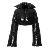 Women Autumn and Winter Glossy PU Leather High Collar Extra Long Sleeve Warm Thick Jacket