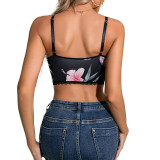 Women Sexy Printed Bow Lace Hollow Crop Tank Top