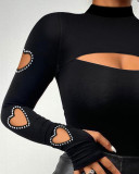 Women Fashion Heart Print Hollow Beads Long Sleeve Lace Top