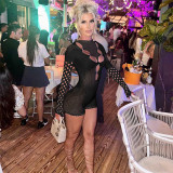 Women Sexy Mesh See-Through Hollow Round Neck Long Sleeve Romper