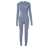 Women Autumn and Winter Solid Round Neck Long Sleeve Jumpsuit