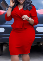 Plus Size African Women Turndown Collar Solid Ruffle Bodycon Dress