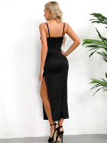 Women Strapless Hollow See-Through Sexy Slit Backless Strap Dress