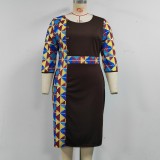 Africa Plus Size Women Round Neck Three Quarter Sleeve Printed Dress