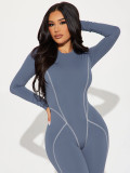Women Autumn and Winter Solid Round Neck Long Sleeve Jumpsuit