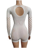 Women Sexy Mesh See-Through Hollow Round Neck Long Sleeve Romper