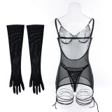 Women mesh sexy Backless See-Through straps and gloves Three-Piece sexy lingerie