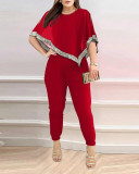 Plus Size Women Solid Sequin Top and Pant Two-piece Set