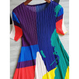 Women Summer Contrast Color Pleated Short Sleeve Dress