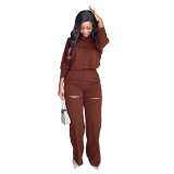 Long-Sleeved Solid Button Up Top Fashionable Ripped High-Waisted Trousers Two-Piece Set