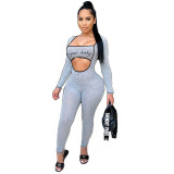 Autumn Winter Sexy Letter Print Tight Fitting Jumpsuit