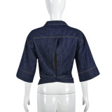 Women Sexy Half Sleeve Turndown Collar Crop Denim Jacket